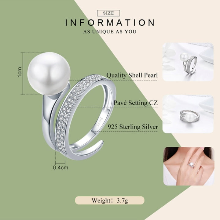 S925 Sterling Silver Elegant Ladies Ring Platinum Plated Diamond Pearl Ring