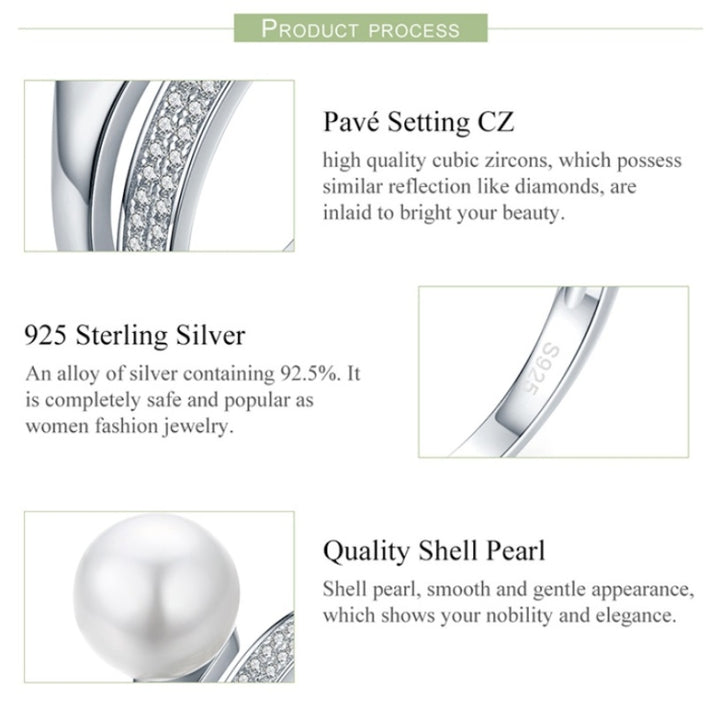 S925 Sterling Silver Elegant Ladies Ring Platinum Plated Diamond Pearl Ring