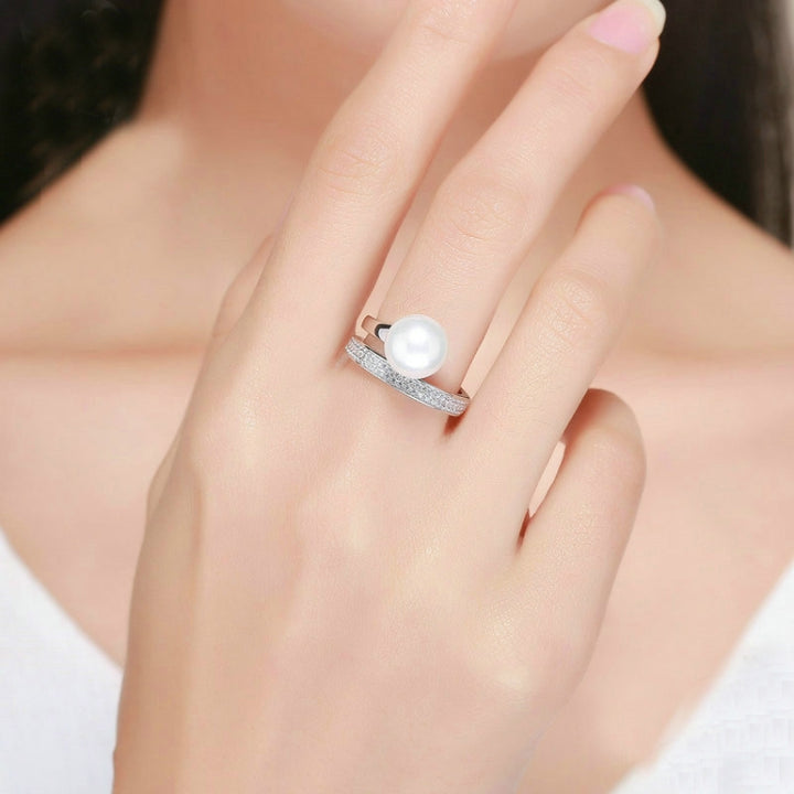 S925 Sterling Silver Elegant Ladies Ring Platinum Plated Diamond Pearl Ring