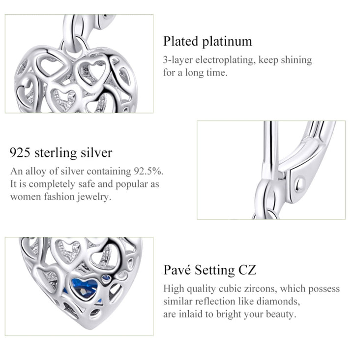 S925 Sterling Silver Stud Earrings Hollow Heart Shaped Earrings Simple Platinum Plated Earrings, SCE746