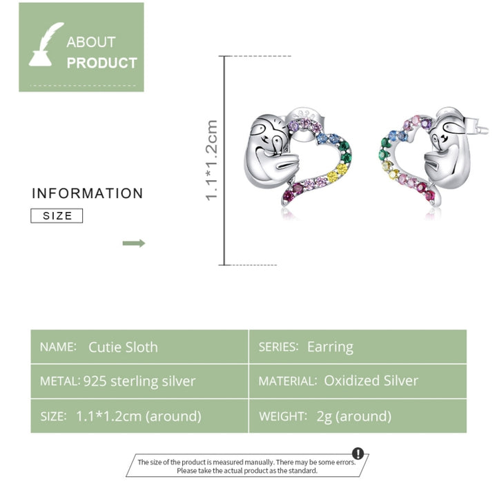 Sterling Silver S925 Heart-shaped Sloth Earrings Personalized Earrings Simple Temperament Female Silver Earrings, SCE885