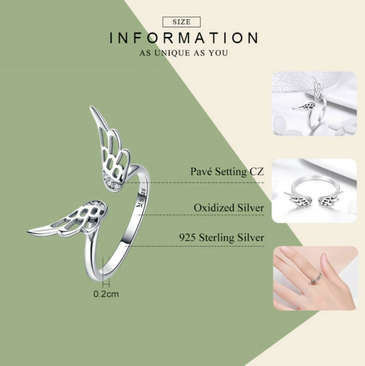 S925 Sterling Silver Fairy Wing Ring Girls Open Ring, SCR457