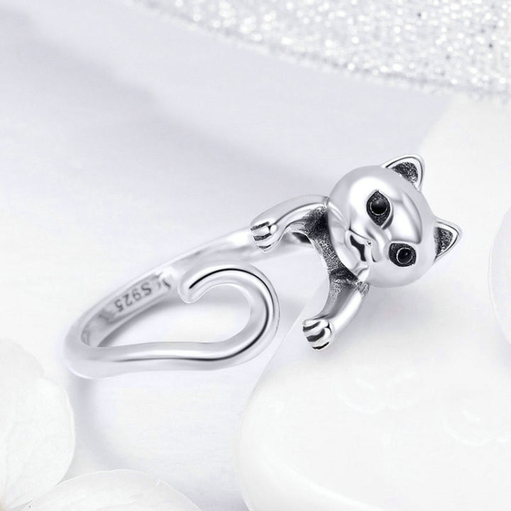 S925 Sterling Silver Ring Naughty Cat Inlaid Zircon Ring