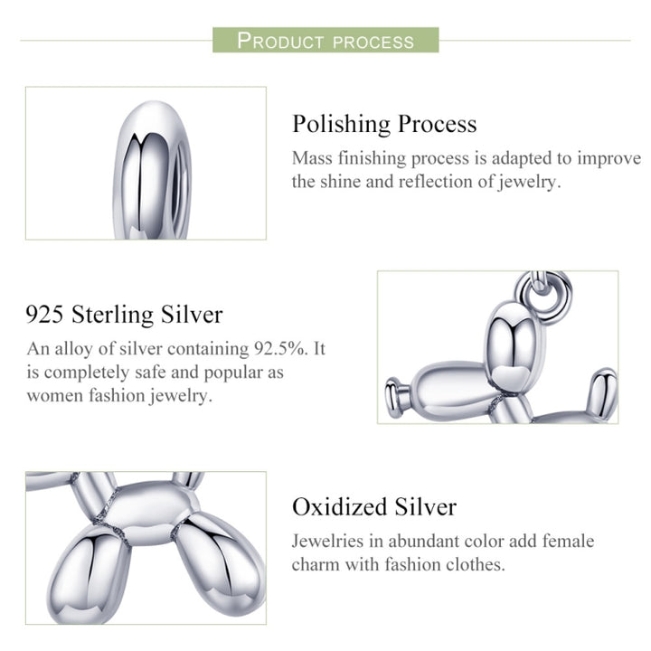 S925 Sterling Silver Cute Balloon Dog Charm DIY Bracelet Accessory, Bead, Bead+Chain