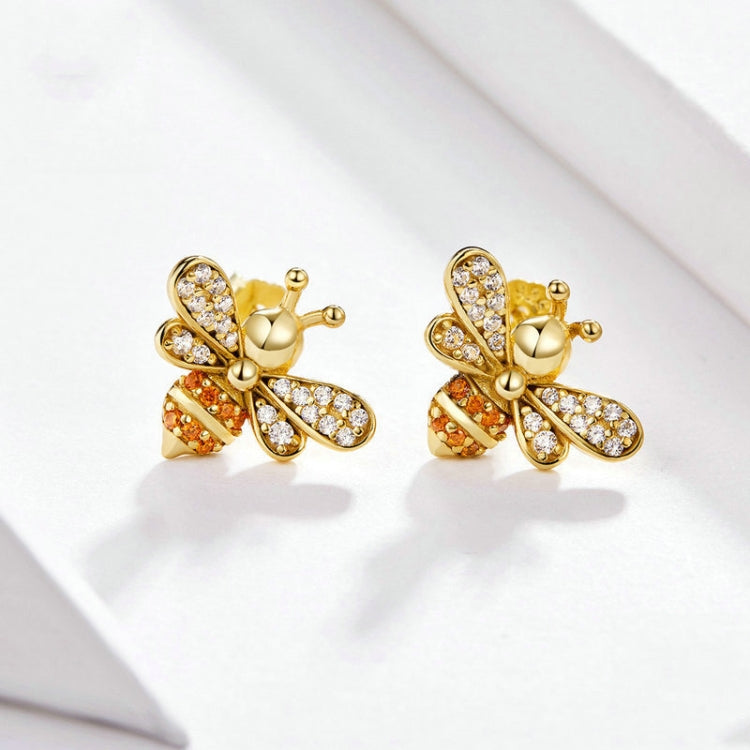 S925 Sterling Silver Earrings Golden Bee Inlaid Zircon Sterling Silver Stud Earrings, SCE344-B