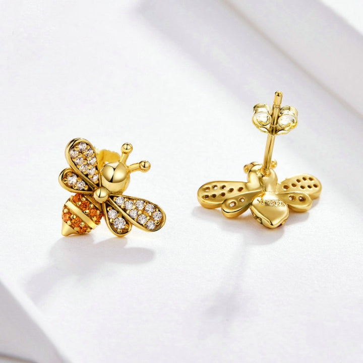 S925 Sterling Silver Earrings Golden Bee Inlaid Zircon Sterling Silver Stud Earrings, SCE344-B