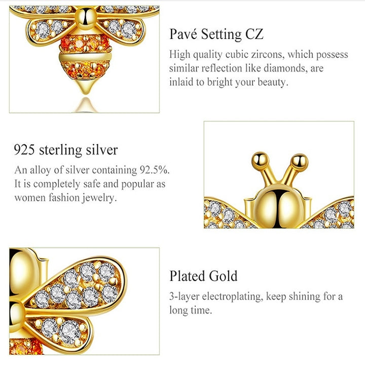 S925 Sterling Silver Earrings Golden Bee Inlaid Zircon Sterling Silver Stud Earrings, SCE344-B