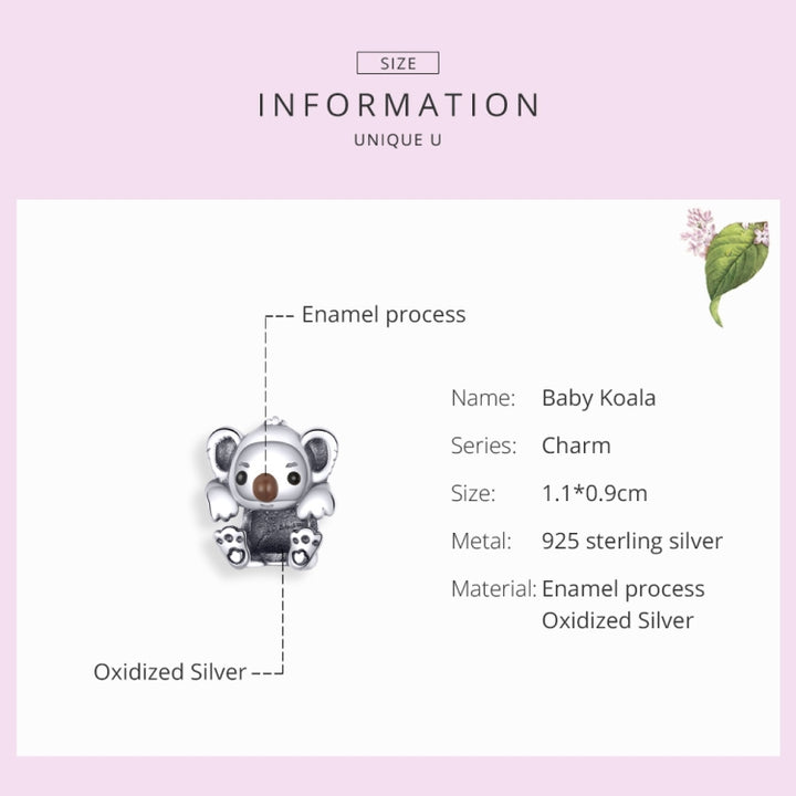 S925 Sterling Silver Cute Koala Animal Bead DIY Bracelet Accessory, SCC1304