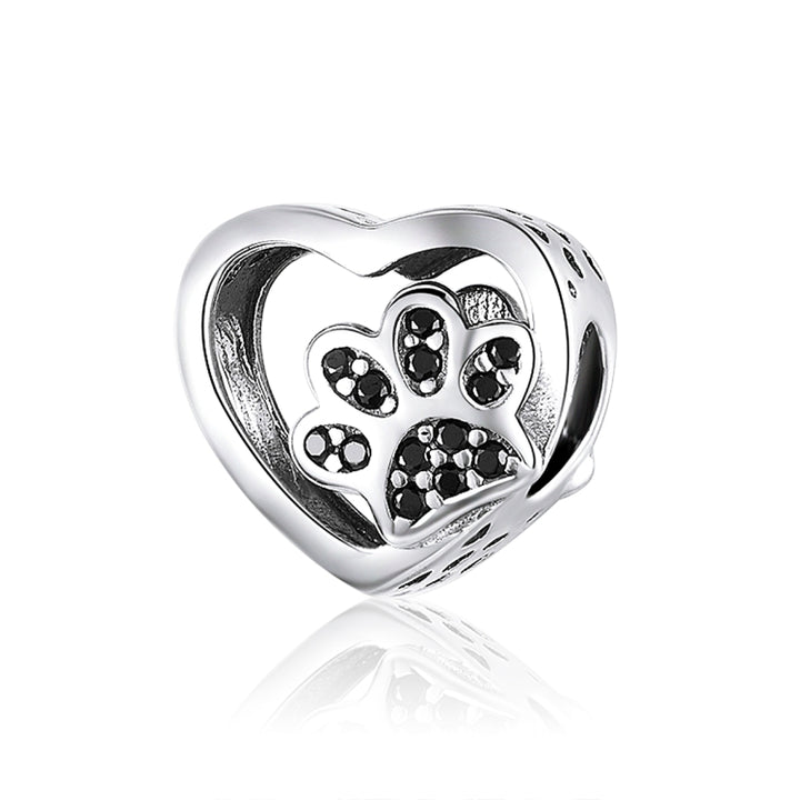 Black Zircon Beaded S925 Sterling Silver Pet Paw Print Beads DIY Bracelet Bead, SCC1191-BK