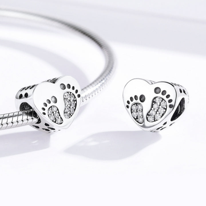 Heart-shaped Footprint Beaded S925 Sterling Silver Loose Beads DIY Bracelet Silver Beads, SCC1395