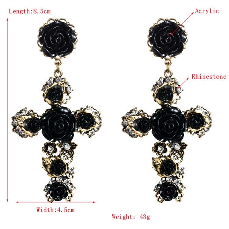 1 Pair Baroque Rose Flower Cross Long Earrings Vintage Earrings, White, Red, Black