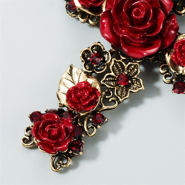 1 Pair Baroque Rose Flower Cross Long Earrings Vintage Earrings, White, Red, Black