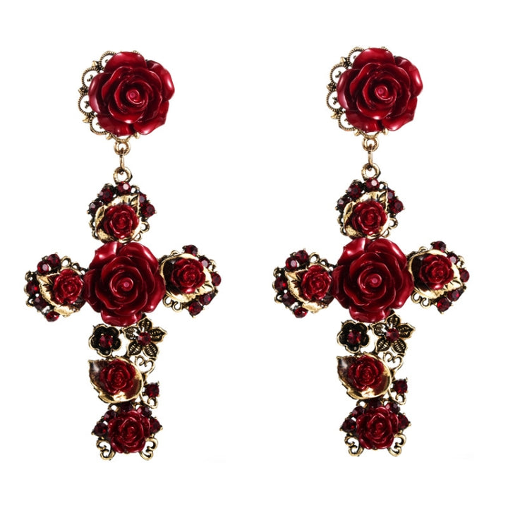 1 Pair Baroque Rose Flower Cross Long Earrings Vintage Earrings, White, Red, Black