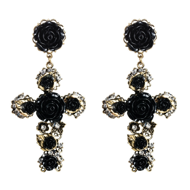 1 Pair Baroque Rose Flower Cross Long Earrings Vintage Earrings, White, Red, Black