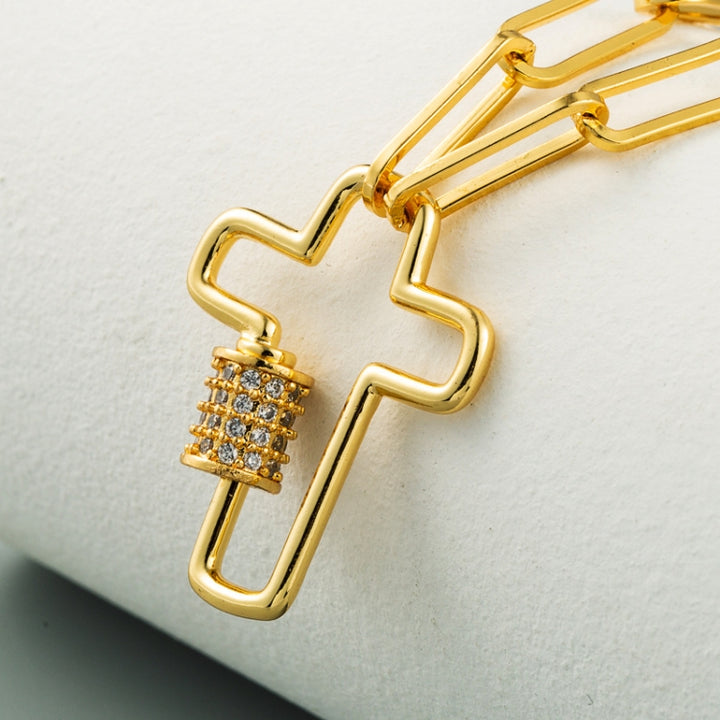 Brass Micro-inlaid Zircon Delicate Clavicle Chain Cross Pendant Necklace, Cross, Girl