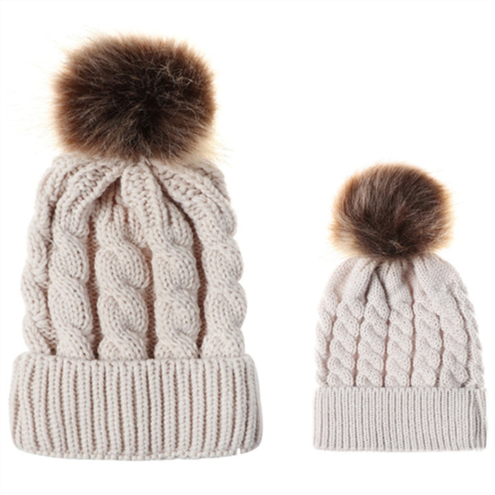 2 in 1 Autumn and Winter Parent-child Hat Set Warm Twist Texture Knit Hat with Wool Ball, Parent-child