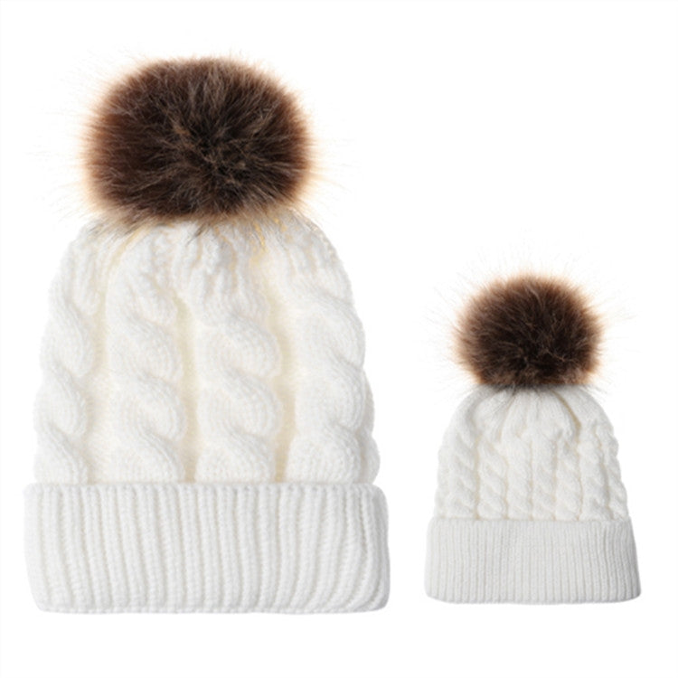 2 in 1 Autumn and Winter Parent-child Hat Set Warm Twist Texture Knit Hat with Wool Ball, Parent-child