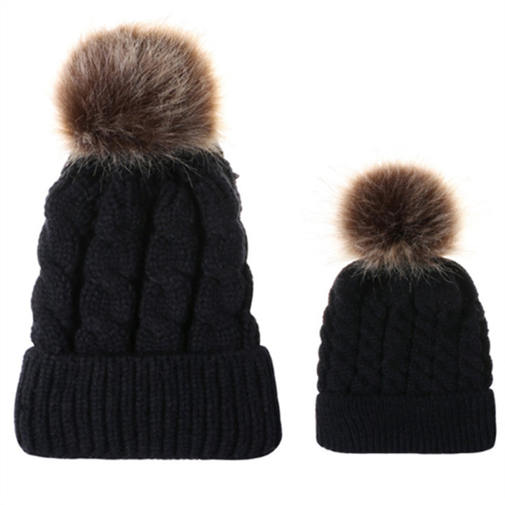 2 in 1 Autumn and Winter Parent-child Hat Set Warm Twist Texture Knit Hat with Wool Ball, Parent-child