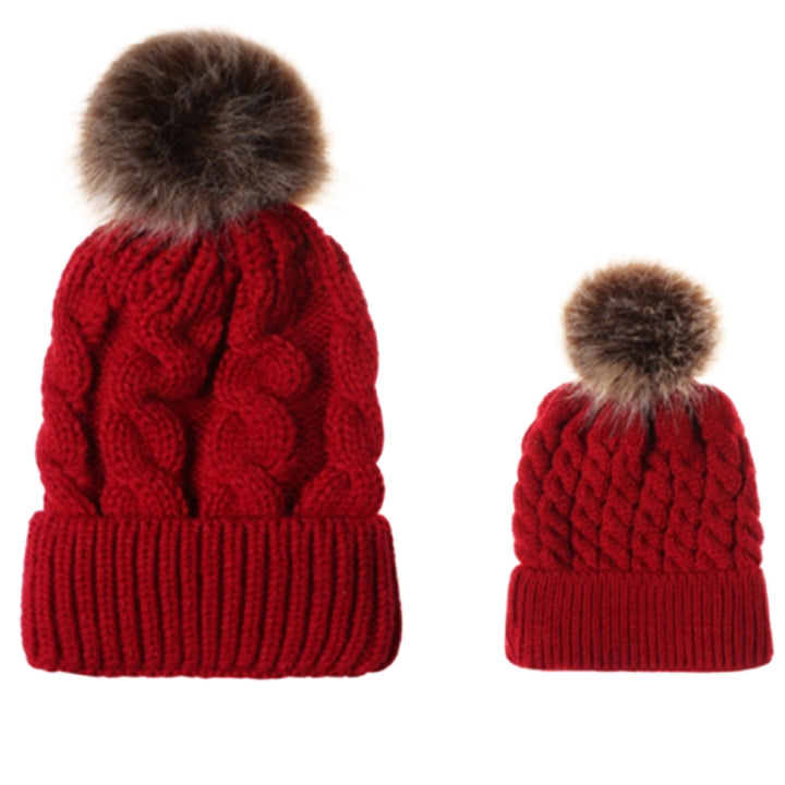 2 in 1 Autumn and Winter Parent-child Hat Set Warm Twist Texture Knit Hat with Wool Ball, Parent-child