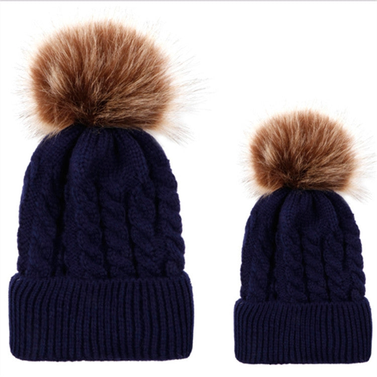 2 in 1 Autumn and Winter Parent-child Hat Set Warm Twist Texture Knit Hat with Wool Ball, Parent-child