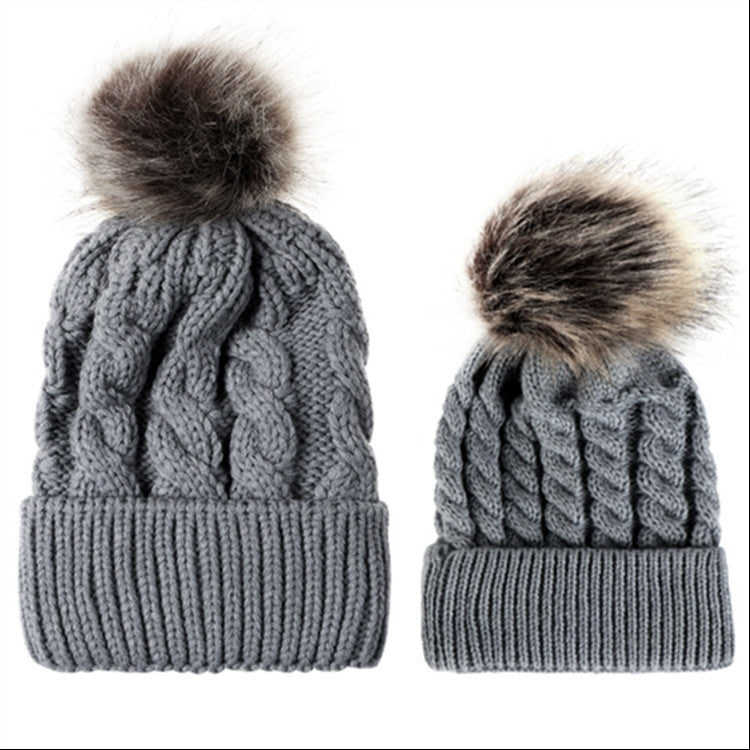 2 in 1 Autumn and Winter Parent-child Hat Set Warm Twist Texture Knit Hat with Wool Ball, Parent-child