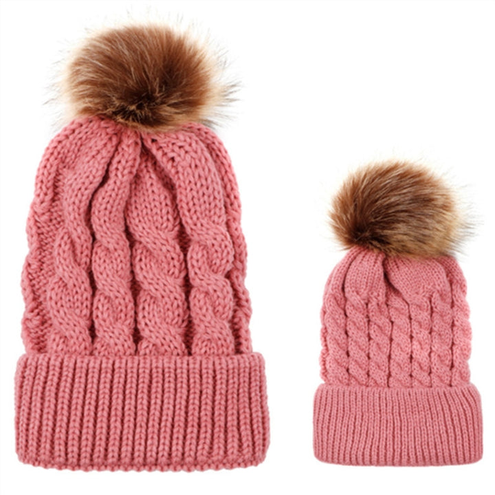 2 in 1 Autumn and Winter Parent-child Hat Set Warm Twist Texture Knit Hat with Wool Ball, Parent-child