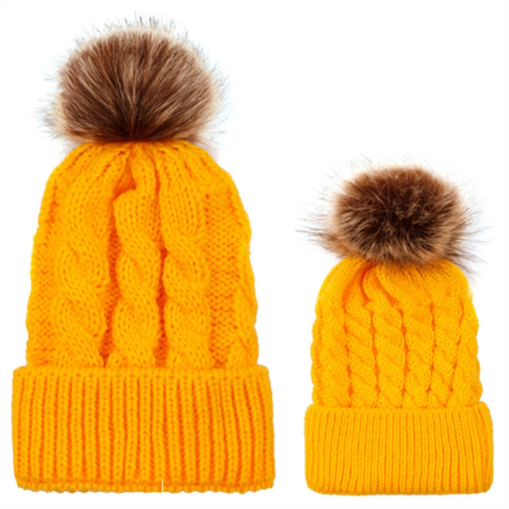 2 in 1 Autumn and Winter Parent-child Hat Set Warm Twist Texture Knit Hat with Wool Ball, Parent-child