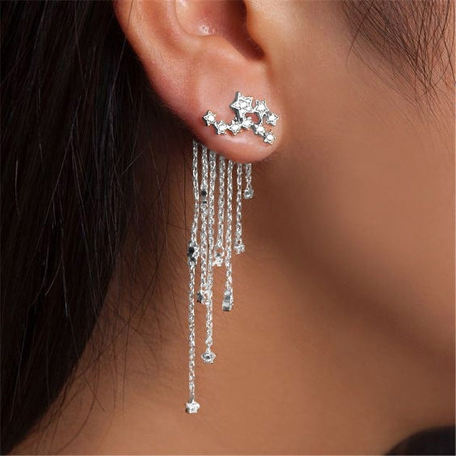 Women Fashion Star Streamlined Tassel Long Crystal Earrings, Gold, Silver