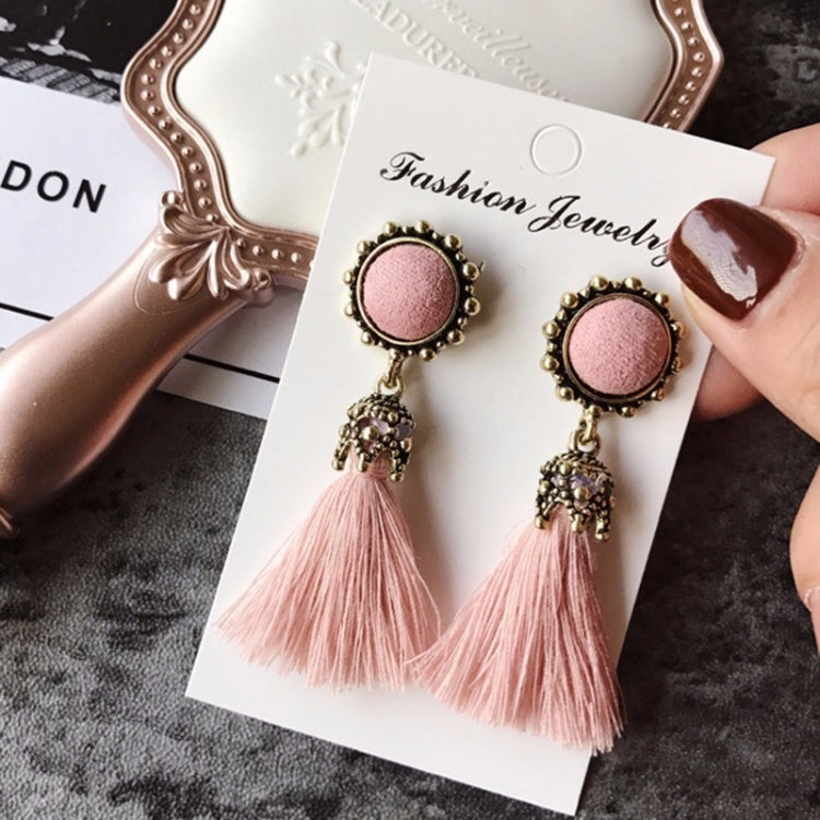 Women Fashion Vintage Velvet Ball Fringed Drop Earring, Pink, Black, Grey, Green, Red