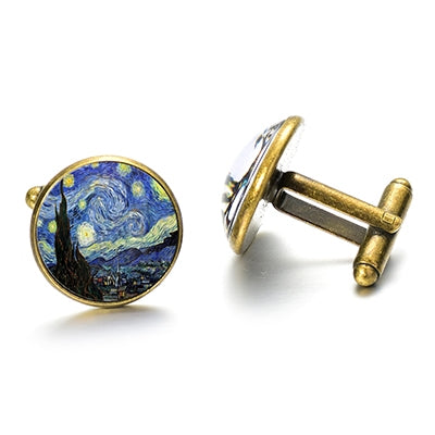 1 pair Fashion Van Gogh Art Painting Series Cufflinks Van Gogh Starry Night Crystal Glass Cabochon Cufflinks, Gold, Sliver