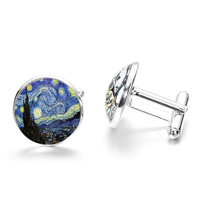 1 pair Fashion Van Gogh Art Painting Series Cufflinks Van Gogh Starry Night Crystal Glass Cabochon Cufflinks, Gold, Sliver