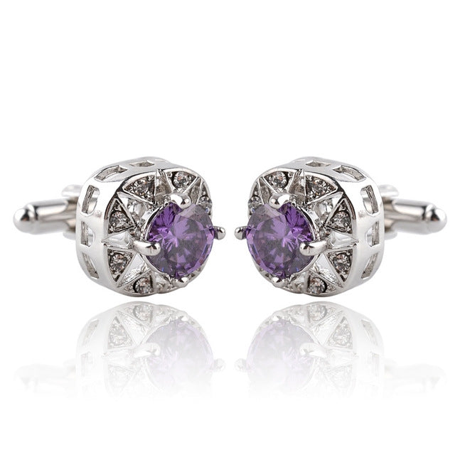 1 Pair Fashion Luxury Crystal Cufflinks, Purple, silver