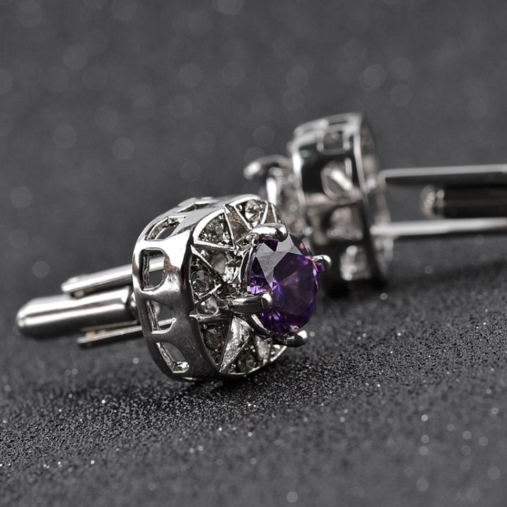 1 Pair Fashion Luxury Crystal Cufflinks, Purple, silver