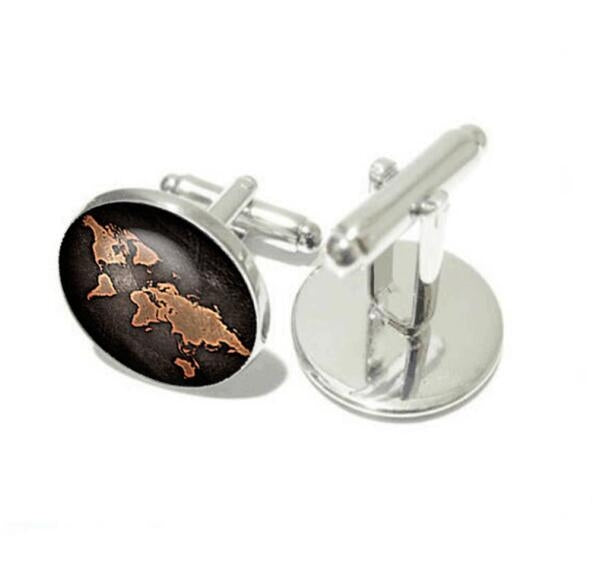 2 PCS World Map Pattern Cufflinks Antique Retro Bronze Cufflinks, Silver, Bronze, Black