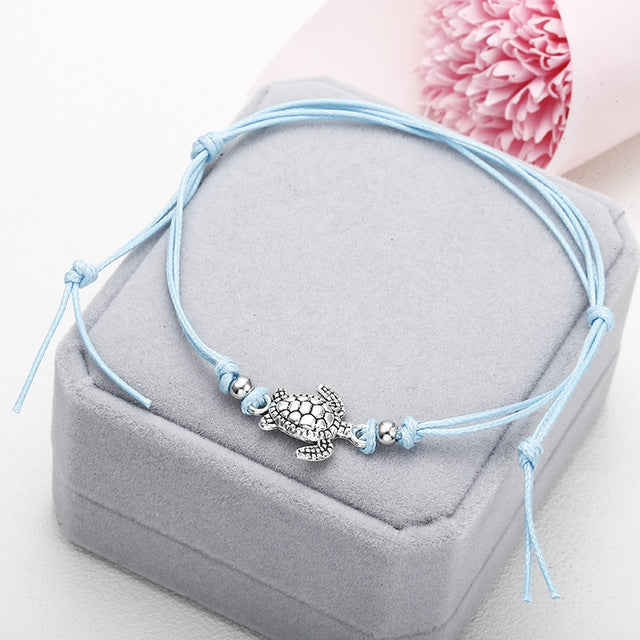 Boho Anklet Wax String Sea Turtle Lacing Foot Jewelry Beads Bracelet for Women, white, black, blue