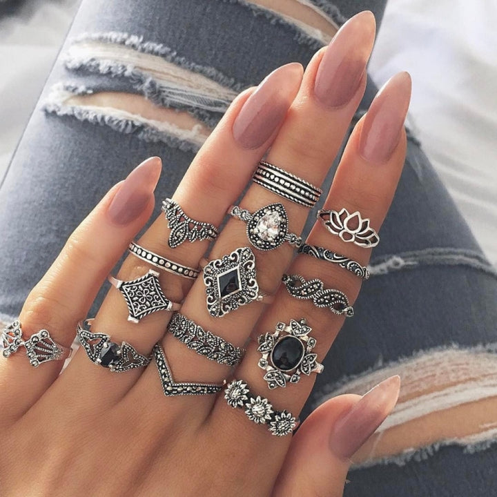 15 PCS Bohemian Retro Crystal Flower Leaves Hollow Lotus Gem Silver Ring Set