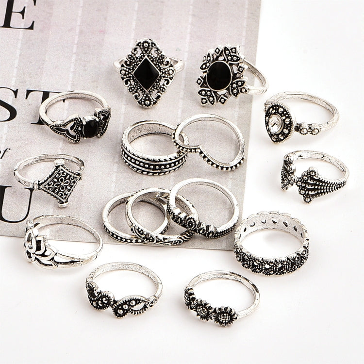 15 PCS Bohemian Retro Crystal Flower Leaves Hollow Lotus Gem Silver Ring Set