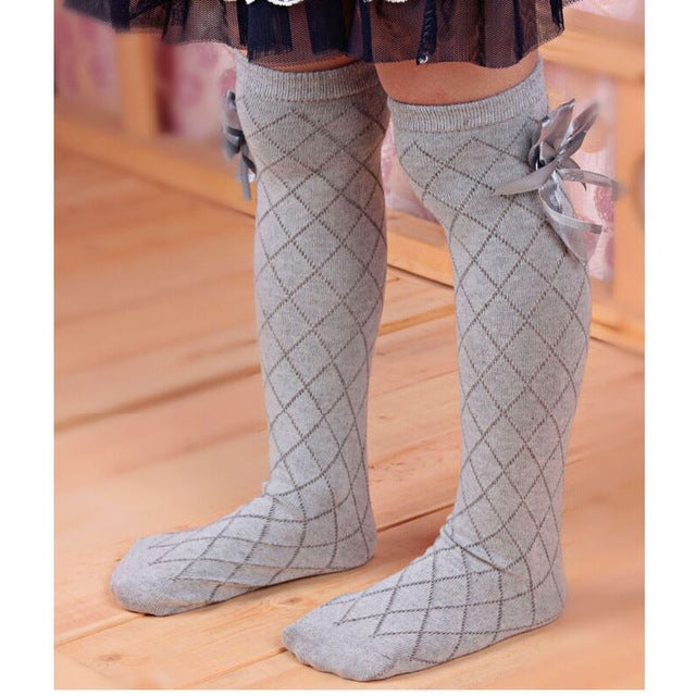 Children's Tube Socks Mesh Bow Princess Socks Square Grid Over Knee Socks, 43cm