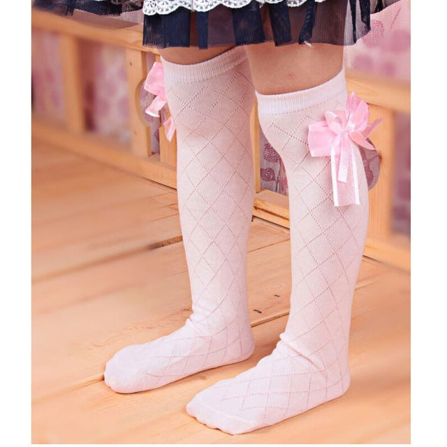 Children's Tube Socks Mesh Bow Princess Socks Square Grid Over Knee Socks, 43cm