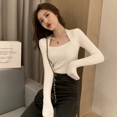 Square Collar Exposed Clavicle T-Shirt Fake Two-Piece Knitted Long-Sleeved Bottoming Shirt, Free Size