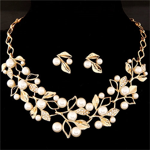 Leaf Crystal Simulated Pearl Wedding Jewelry Necklaces Earrings Sets, Gold, Silver