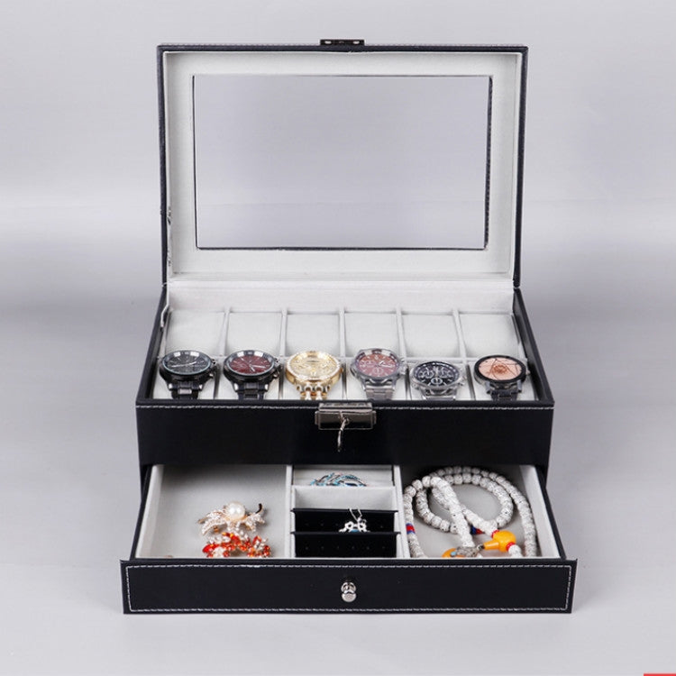 PU Leather 12-bit Watch Box Double-layer Jewelry Box Storage Display Box, PU Leather Black, PU Leather Brown