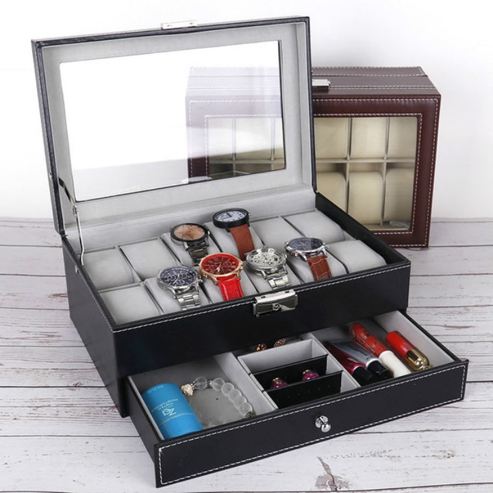 PU Leather 12-bit Watch Box Double-layer Jewelry Box Storage Display Box, PU Leather Black, PU Leather Brown