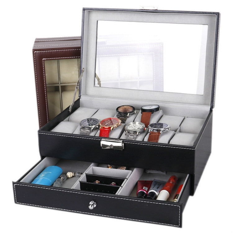 PU Leather 12-bit Watch Box Double-layer Jewelry Box Storage Display Box, PU Leather Black, PU Leather Brown