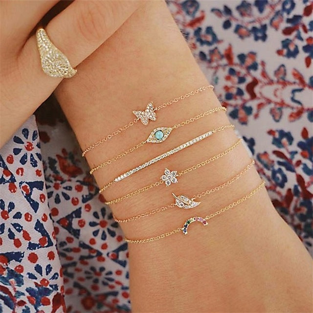 6 PCS/Set Punk Butterfly Eye Star Moon Leaves Crystal Gem Shiny Gold Multilayer Chain Bracelet