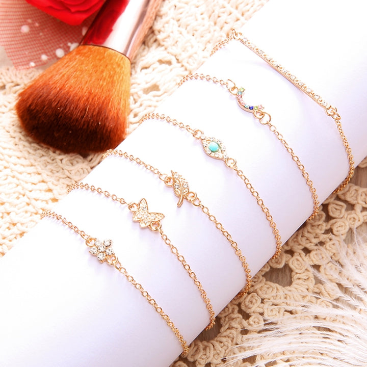 6 PCS/Set Punk Butterfly Eye Star Moon Leaves Crystal Gem Shiny Gold Multilayer Chain Bracelet