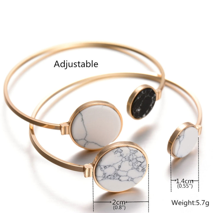 Faux Marble Stone Round Geometric Bangle Gold Circle Cuff Bangle Bracelet, White, Black, Black White, White Black