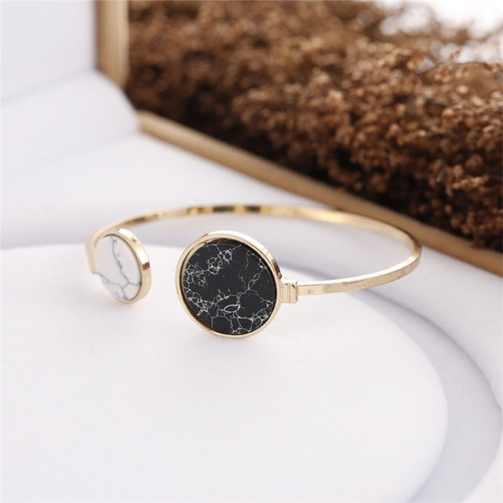 Faux Marble Stone Round Geometric Bangle Gold Circle Cuff Bangle Bracelet, White, Black, Black White, White Black