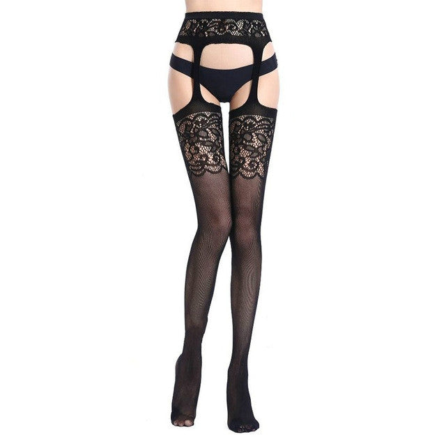 Hollow Out Tights Lace Sexy Stockings Female Thigh High Fishnet Embroidery Transparent Pantyhose Women Black Lace Hosiery, One size fit (white card + OPP)