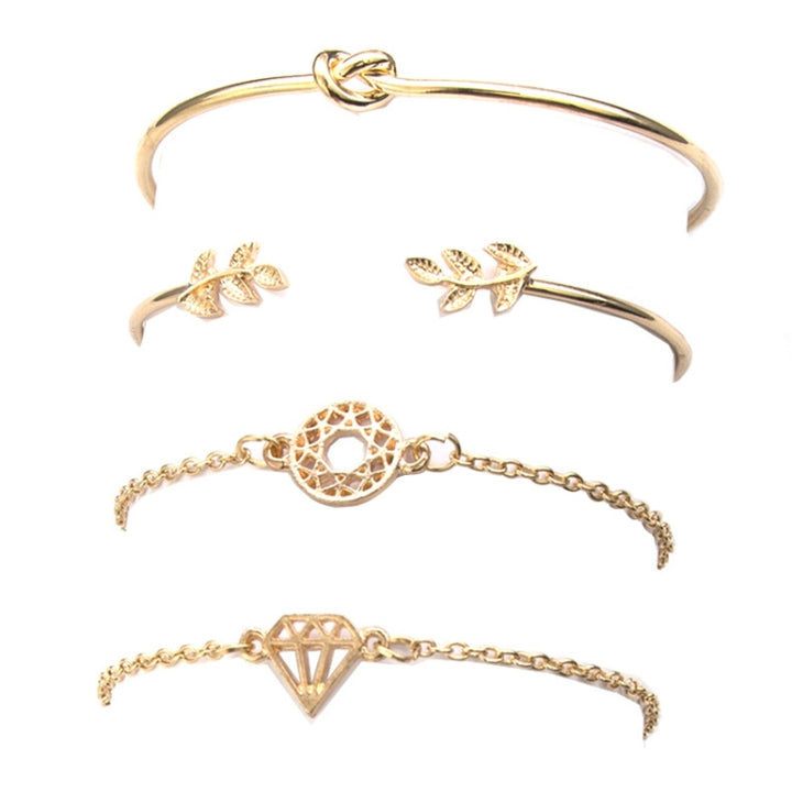 4 Pcs/ Set Bohemian Leaves Knot Round Chain Opening Gold Bracelet Set